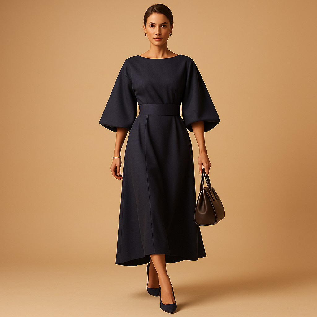 A-line midi dress with belt for women | Sophia
