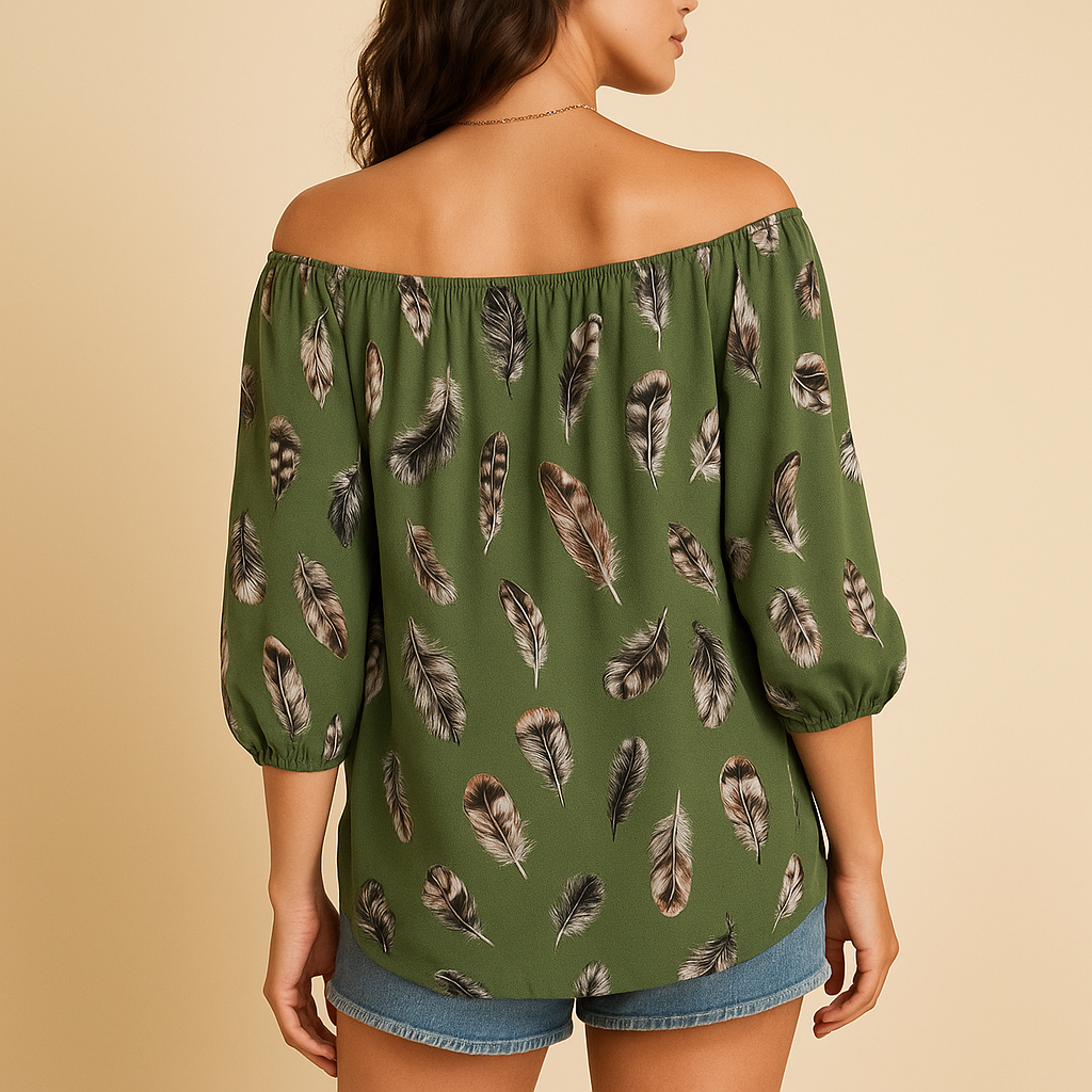Feather Print V-Neck Blouse for Women | Lightweight Casual Top for Everyday Wear