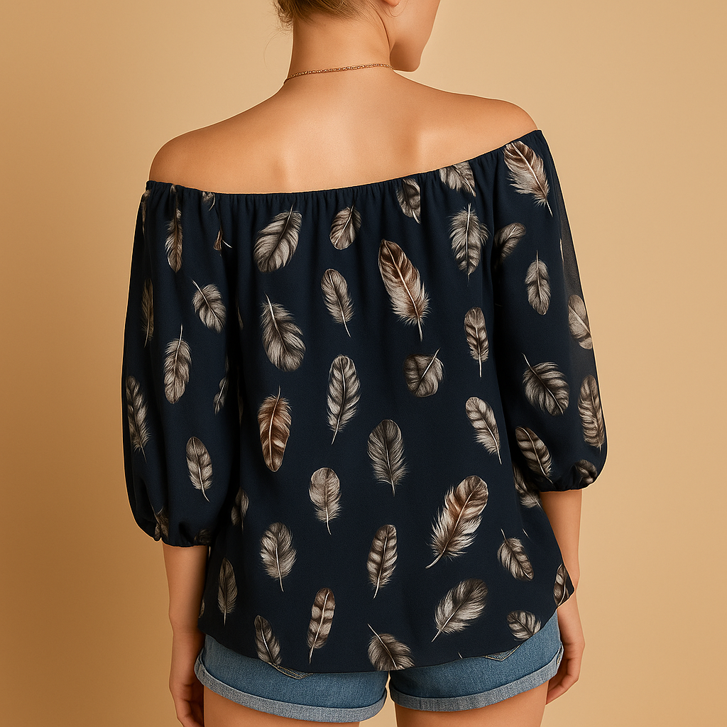 Feather Print V-Neck Blouse for Women | Lightweight Casual Top for Everyday Wear