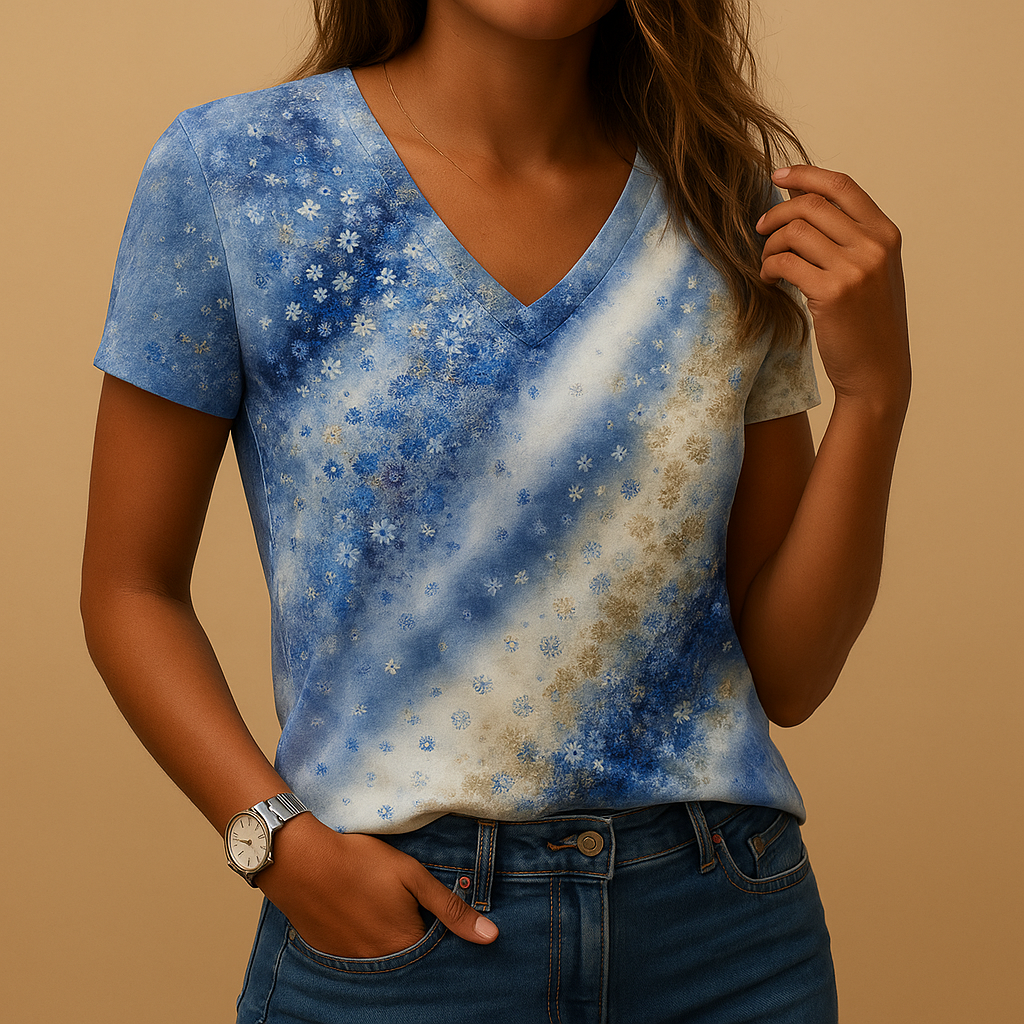 Gradient V-neck Summer Blouse for Women - Lightweight Fabric, Casual Style, Perfect for Warm Weather Outfits