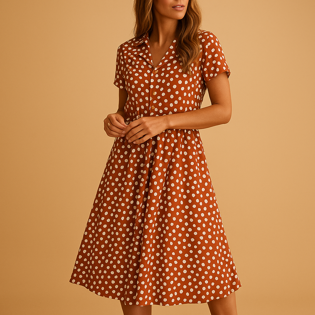Midi A-line dress with V-neck and short sleeves for women | Clara