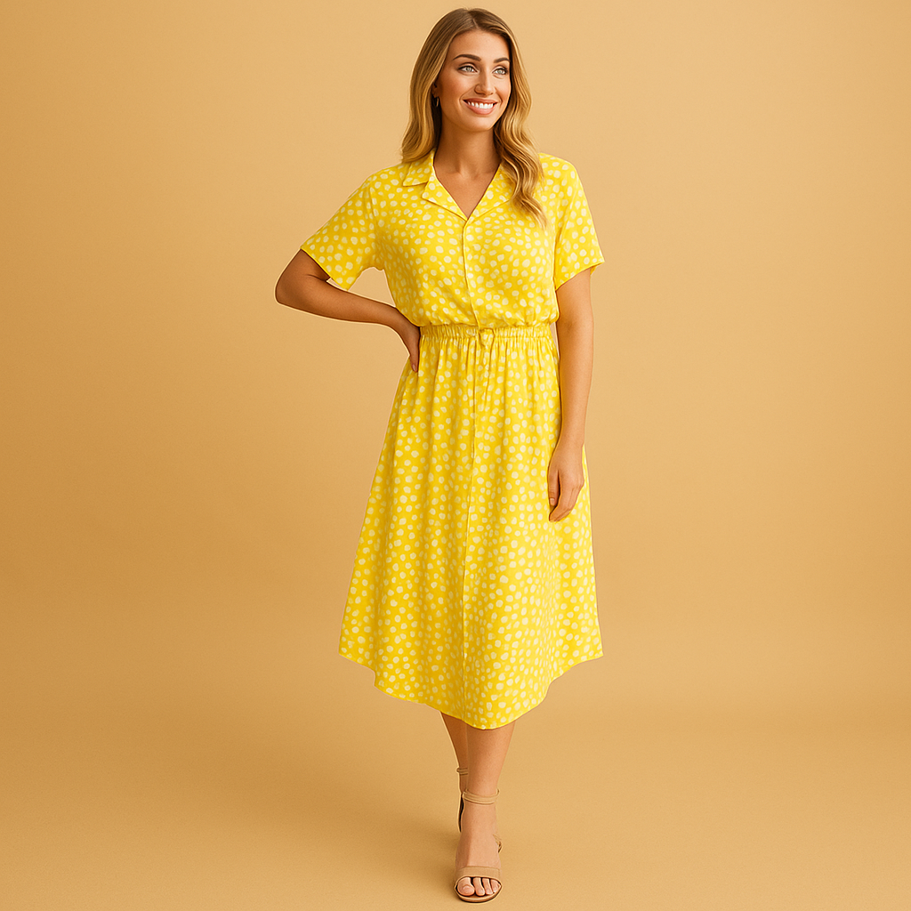 Midi A-line dress with V-neck and short sleeves for women | Clara