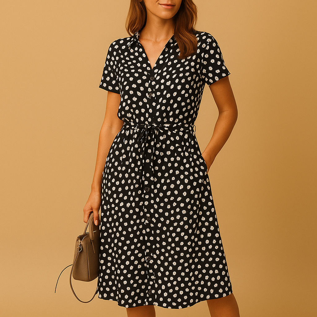 Midi A-line dress with V-neck and short sleeves for women | Clara
