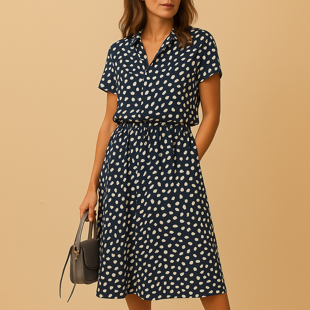 Midi A-line dress with V-neck and short sleeves for women | Clara