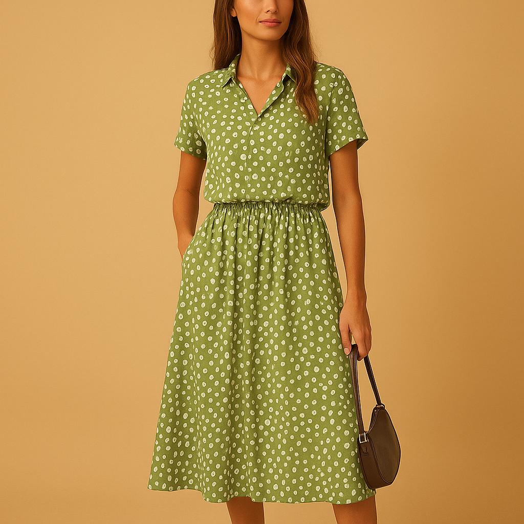 Midi A-line dress with V-neck and short sleeves for women | Clara