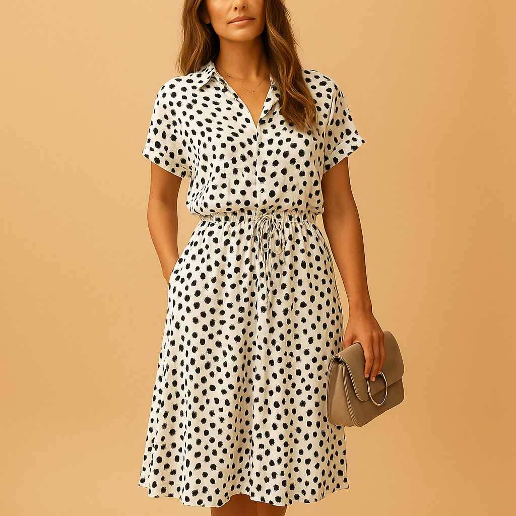 Midi A-line dress with V-neck and short sleeves for women | Clara
