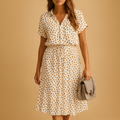 Midi A-line dress with V-neck and short sleeves for women | Clara