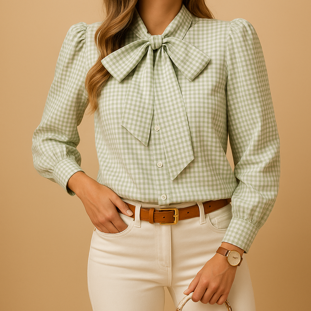 Plaid Bow Tie Blouse for Women | Lightweight Fabric | Casual Chic Top for Everyday Wear