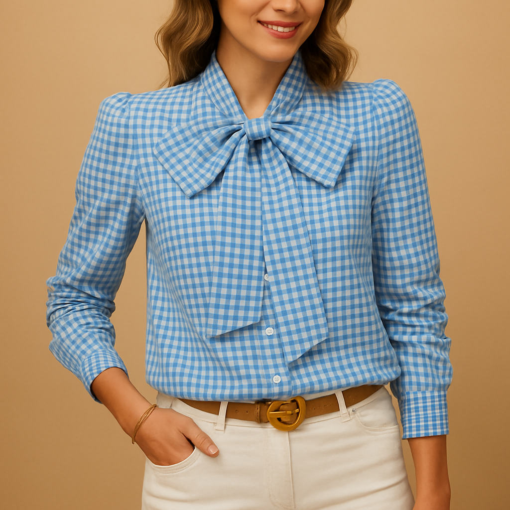 Plaid Bow Tie Blouse for Women | Lightweight Fabric | Casual Chic Top for Everyday Wear