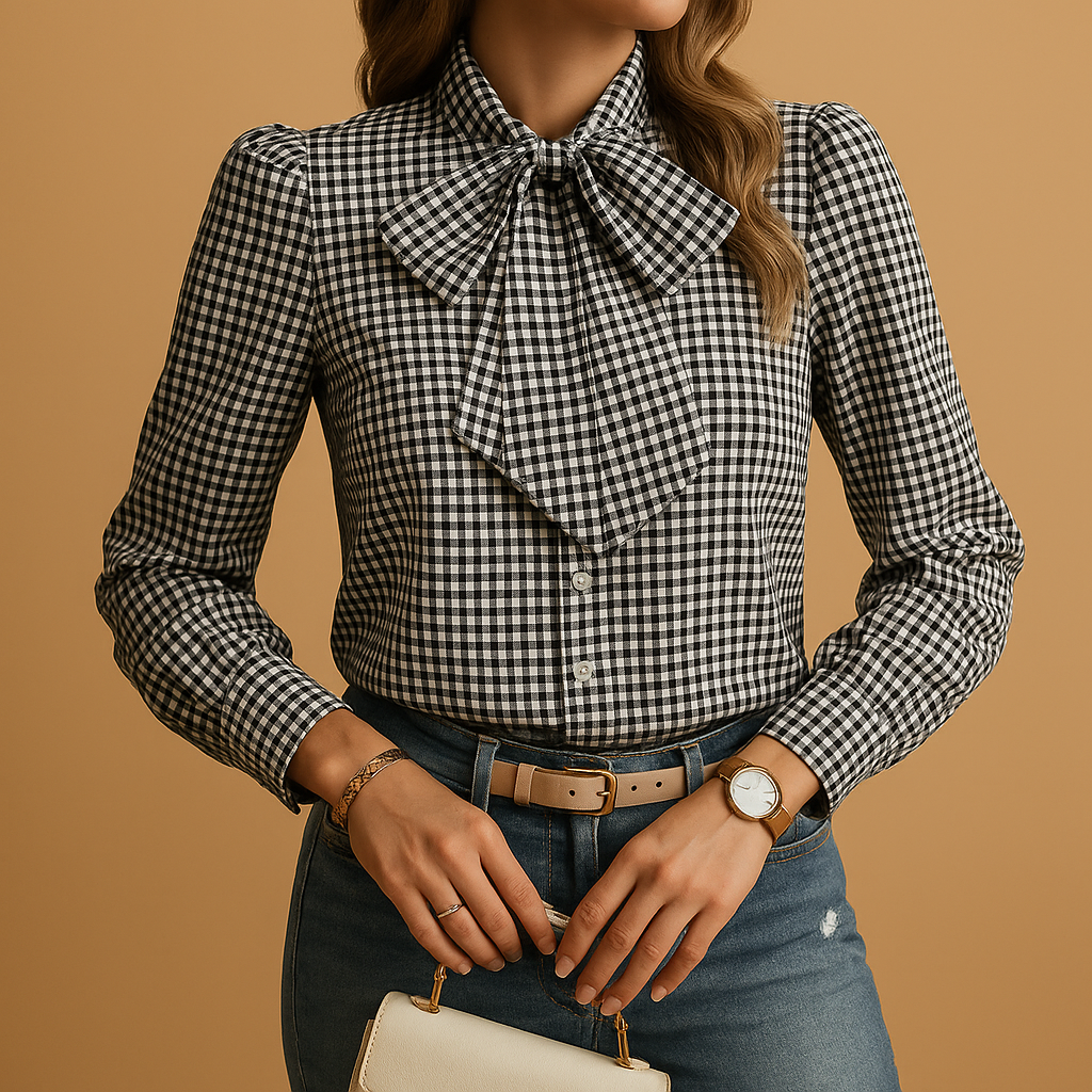 Plaid Bow Tie Blouse for Women | Lightweight Fabric | Casual Chic Top for Everyday Wear
