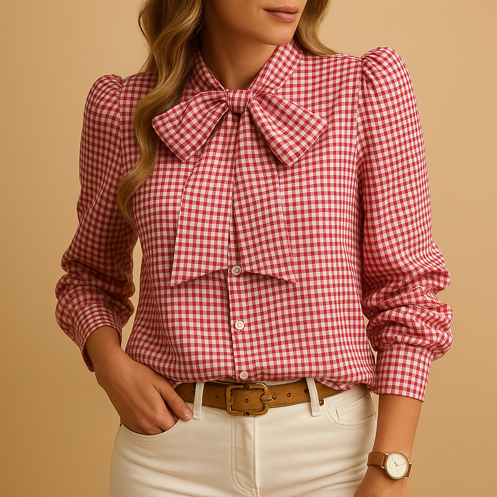 Plaid Bow Tie Blouse for Women | Lightweight Fabric | Casual Chic Top for Everyday Wear