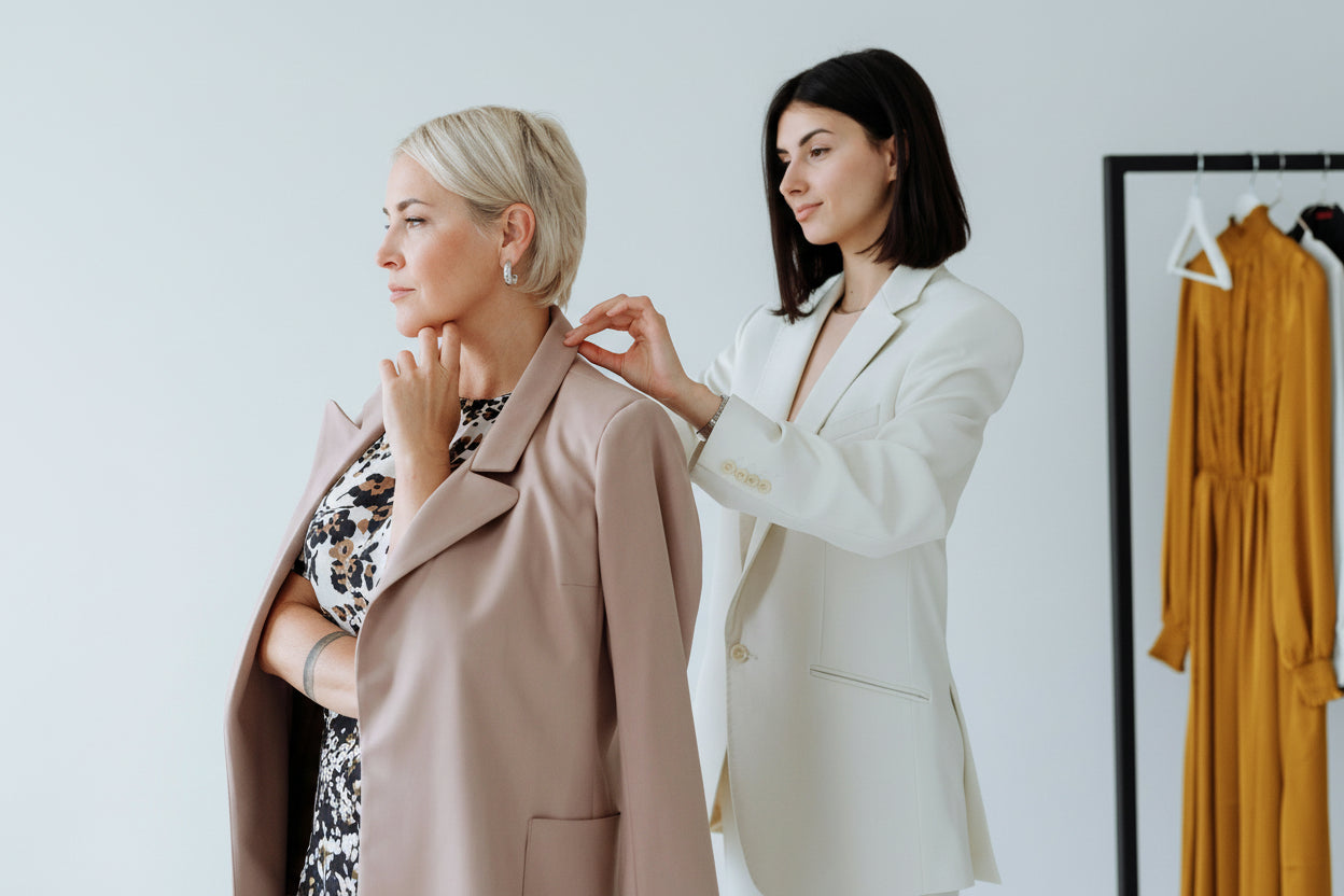 Two women in a fitting room with a coat and dress on a rack.