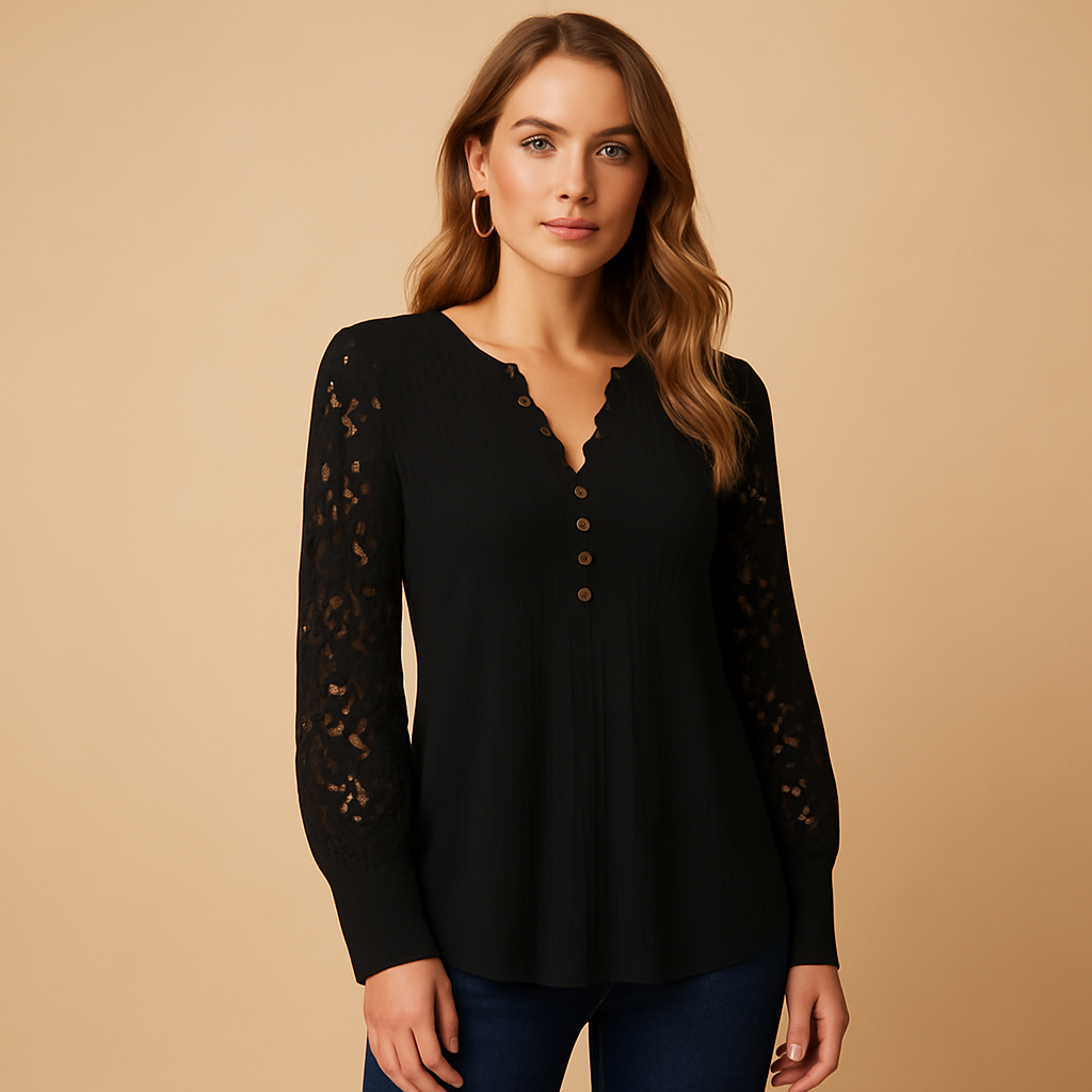 V-neck Lace Accent Blouse for Women | Elegant Casual Top for Work or Outings