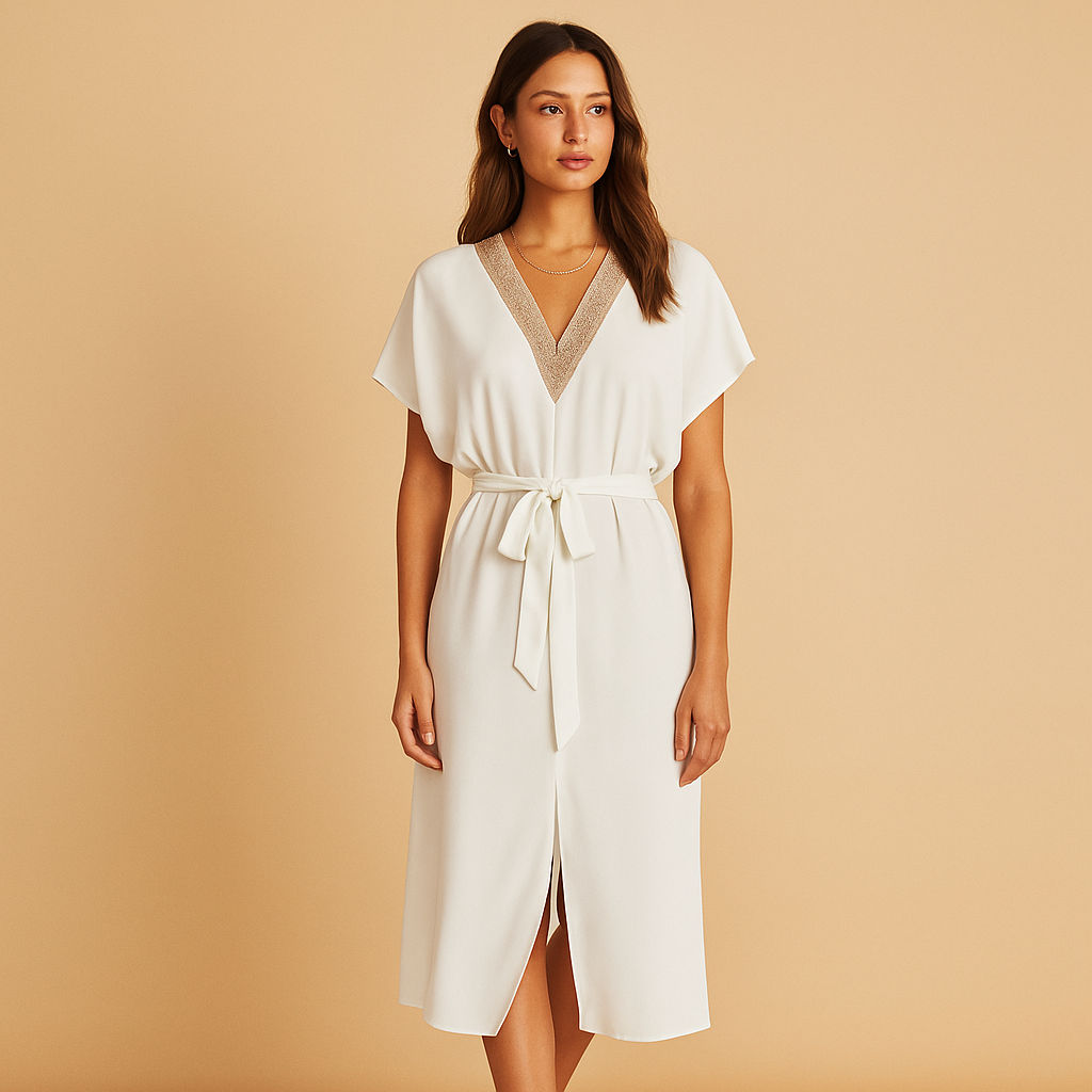 White midi dress with V-neck for women | Isla