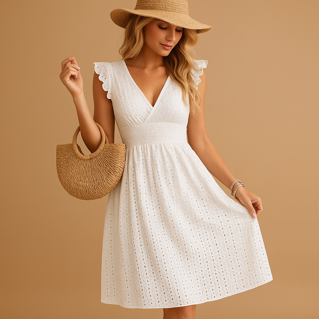 White sleeveless midi summer dress with ruffles for women | Grace