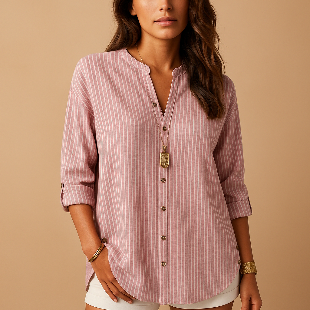 Women's Striped V-Neck Shirt | Lightweight Cotton Blend | Casual Wear Top