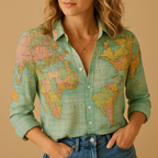 Women's World Map Print Blouse | Lightweight Fabric, Casual Style, Perfect for Travel and Everyday Wear
