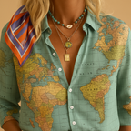 Women's World Map Print Blouse | Lightweight Fabric, Casual Style, Perfect for Travel and Everyday Wear