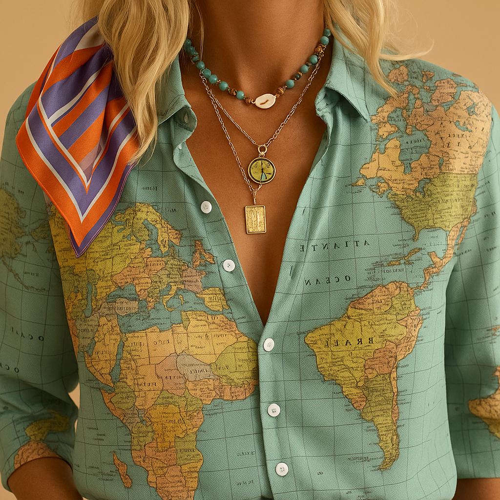 Women's World Map Print Blouse | Lightweight Fabric, Casual Style, Perfect for Travel and Everyday Wear
