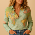 Women's World Map Print Blouse | Lightweight Fabric, Casual Style, Perfect for Travel and Everyday Wear