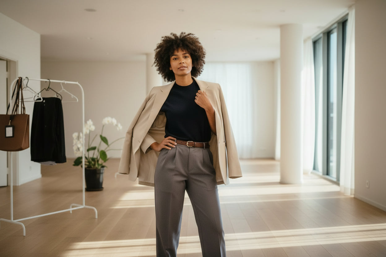 Person trying on a beige jacket in a room with white curtains and plants.